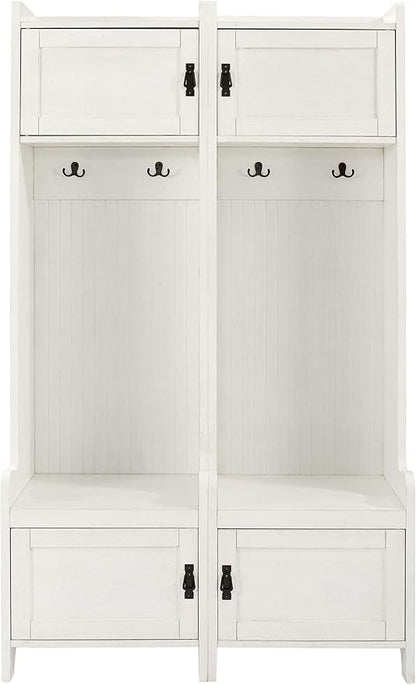 Crosley Furniture Fremont 2-Piece Hall Tree Entryway Set with Storage Cabinets and Coat Rack Hooks, Distressed White