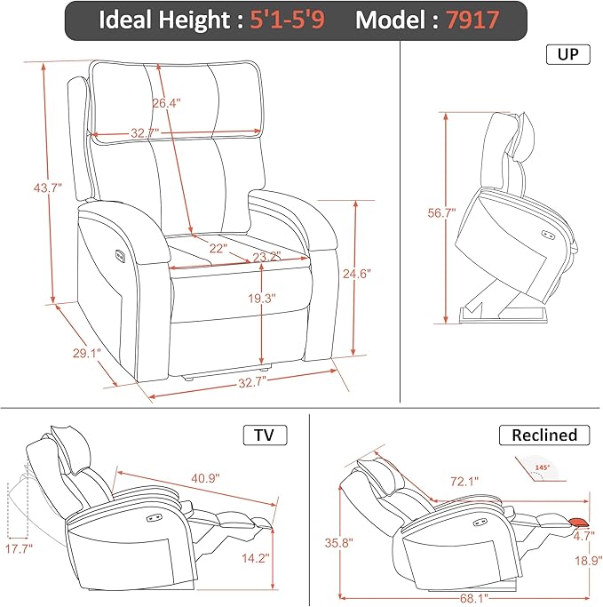 MCombo Power Lift Recliner Chair Sofa with Massage and Heat, Adjustable Headrest for Elderly People, Solid Wood Armrest, USB Ports, Side Pockets, Faux Leather 7917 (Black, Medium)