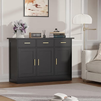Buffet Cabinet with Storage - Buffets & Sideboards Kitchen Storage Cabinet, Wood Console Table Coffee Bar Accent Cabinets for Living Room Dining Room Entryway Large 3 Doors & Drawers, Black 47.2"W