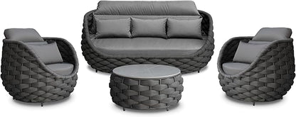 Rope Patio Furniture Set: 4 Pieces Aluminum Outdoor Couch Set Cushioned - Assembled Porch Conversation Sofa Set Modern - Metal Patio Seating for 5 Person Deck Garden Poolside Hotel, Dark Gray