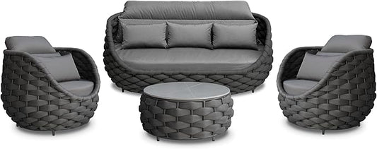 Rope Patio Furniture Set: 4 Pieces Aluminum Outdoor Couch Set Cushioned - Assembled Porch Conversation Sofa Set Modern - Metal Patio Seating for 5 Person Deck Garden Poolside Hotel, Dark Gray