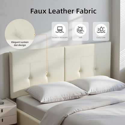 Queen Headboard Only with Adjustable Metal Legs, Faux Leather Upholstered Headboard Queen Size, Modern Stylish Headboard with Sunken Dot Design, Sturdy Bed Headboard for Bedroom, Ivory
