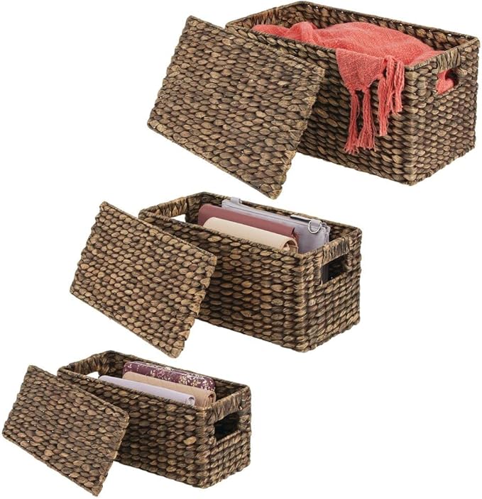 mDesign Woven Water Hyacinth Rectangle Storage Organizer Basket Bin with Topper Lid and Handles - Natural Farmhouse Holder Containers for Closet, Bedroom, Bathroom, Office - Set of 3 - Dark Brown
