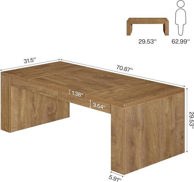 Tribesigns 70.9-Inch Executive Desk, Large Wooden Computer Office Desk with Sturdy Double Pedestal Legs, Writing Table Business Workspace Home Office Furniture for Home Office (Brown)