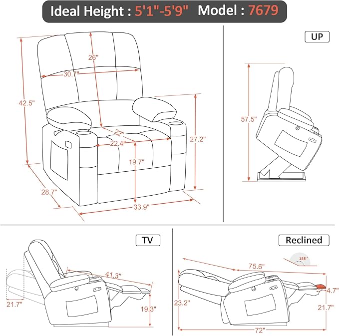 MCombo Medium Lay Flat Dual Motor Power Lift Recliner Chair Sofa with Massage and Heat for Elderly People, Infinite Position, Faux Leather 7679 (Navy Blue, Medium)