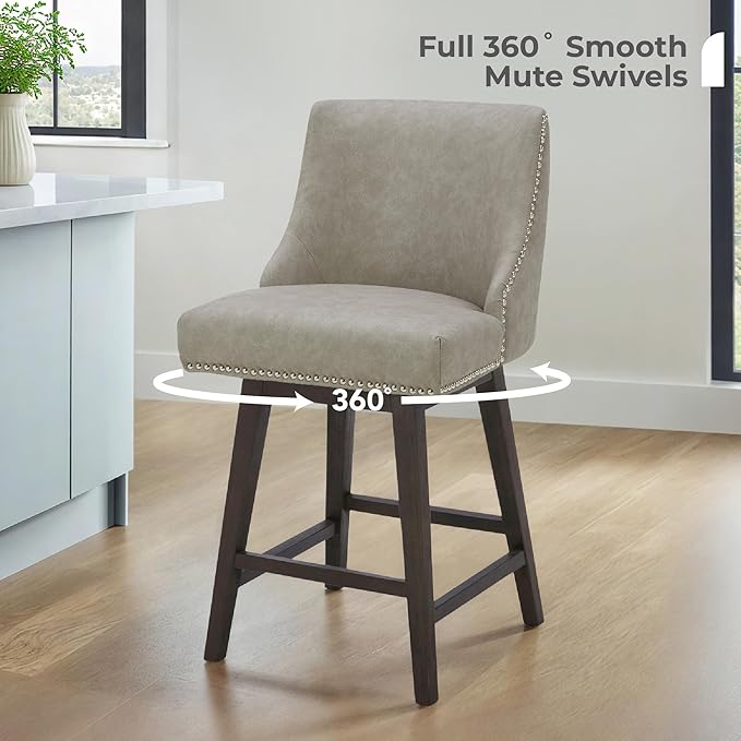 CHITA Counter Height Swivel Bar Stools Set of 3, FSC Certified Upholstered Counter Stools, Modern Swivel Barstools with Wood Legs for Kitchen Island, 26" Seat Height, Faux Leather in Stone Grey