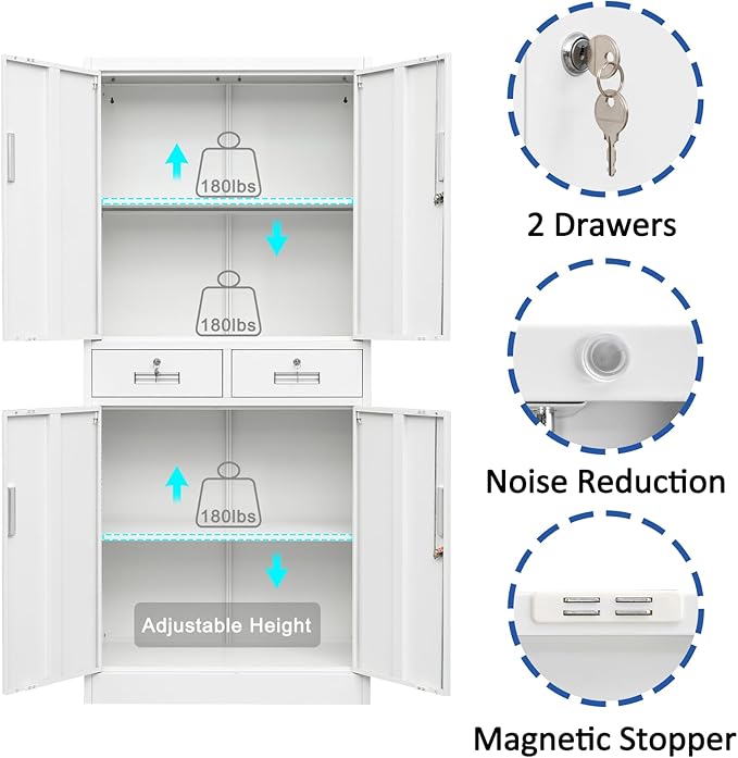 BESFUR Metal Storage Cabinet, Locking Storage Cabinet with Drawers and Adjustable Shelves for Garage, Office, Classroom - White