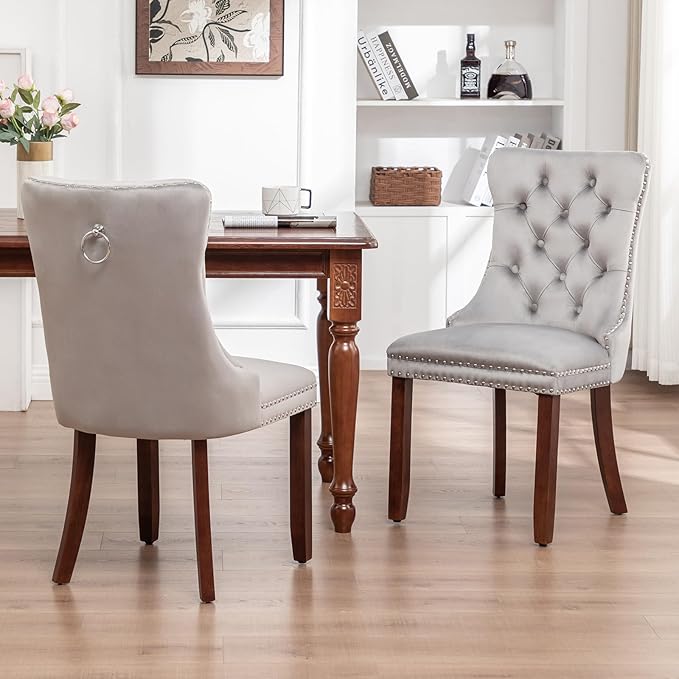 Velvet Dining Chairs Set of 4, Upholstered Dining Room Chairs with Nailhead Ring Pull, Button Tufted Wing Back Chairs for Dining with Solid Wood Legs for Kitchen Dining Room(Light Grey)
