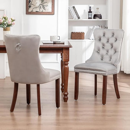 Velvet Dining Chairs Set of 6, Tufted Dining Room Chairs with Nailhead Ring Pull Trim, Upholstered Dining Chairs with Solid Wood Legs for Kitchen Dining Room (Light Grey)