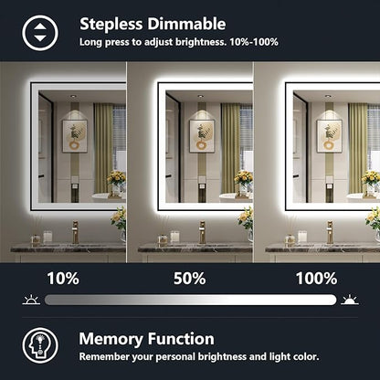 48x36 Inch LED Bathroom Mirror with Lights (Front Lit and Backlit) Black Framed Lighted Vanity Mirror for Bathroom Wall Dimmable Anti-Fog Memory Tempered Glass Horizontal/Vertical