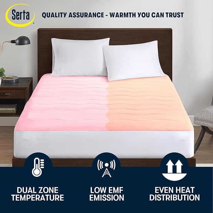Serta Heated Mattress Pad King Size - Electric Mattress Pad, 10 Heat Setting Controller, Auto Shut Off Timer, Deep Elastic Pocket, Up to 17" Mattress, ETL Certified, Machine Wash, King, White