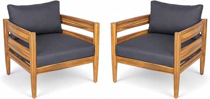 Christopher Knight Home Annie Acacia Wood Outdoor Chairs Set of 2, Patio Lounge Chair Outdoor with Slatted Back, Accent Chair with Cushions, Stylish Armchair for Balcony/Garden, Dark Gray + Teak