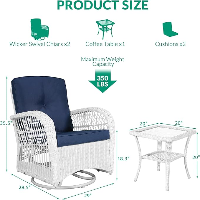 VIVIJASON 3-Piece Patio Conversation Bistro Set, Outdoor Swivel Glider Rocking Chairs Rattan Furniture Set w/ 2 Rattan Chairs, Glass Top Side Table for Porch Backyard, White - Navy Blue