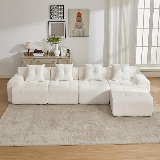 129.23”Modular Sectional Couch for Living Room, Modren L-Shape Cloud Sectional 4-Seater Sofa with Movable Ottoman, Woven Texture Upholstery Boneless Couch, No Assembly, Beige