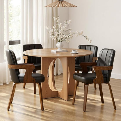 Kitchen Dining Chairs Set of 4, Faux Leather Upholstered Dining Room Chairs with Wood Arms and Legs, Mid Century Modern Kitchen Side Chair for Living, Bedroom, Restaurant, Walnut/Black