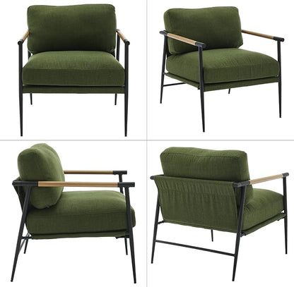 Mid-Century Accent Chair, Soft Armchair Linen Fabric Lounge Chair with Black Metal Legs, Upholstered Leisure Chair for Living Room Reception Room, 1PC, Green