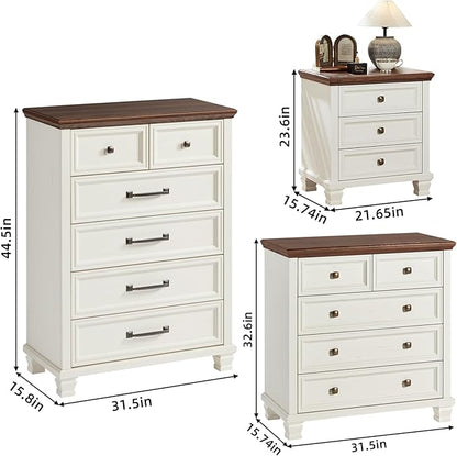 Farmhouse Bedroom Dresser and Nightstand Set of 4, 6 Drawer Tall & 5 Drawers Dresser & 3 Drawer Nightstand Set with Wooden Legs, Rustic Wood Bedroom Furniture for Livingroom, Hallway, White