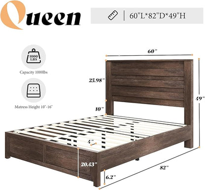 AMERLIFE Farmhouse Queen Size Bed Frame with 49" Fluted Headboard, Wood Platform Bed with Natural Grain, No Box Spring Needed, Noise Free, Grey
