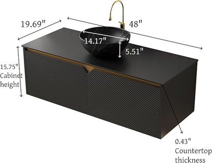 48 Inch Bathroom Vanity with Sink, Floating Fluted Vanity with Vessel Sink, Modern Wall Mounted Bathroom Vanity Cabinet with 2 Doors, Bowl Vessel Sink & Sintered Stone Top, Black