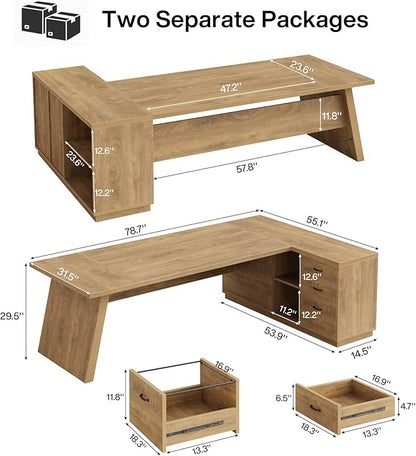 Tribesigns Modern L-Shaped Executive Desk, 78.7" L x 31.5" W x 29.5" H, Brown, 3 Drawers, 2 Shelves, Scratch Resistant, Home Office Desk