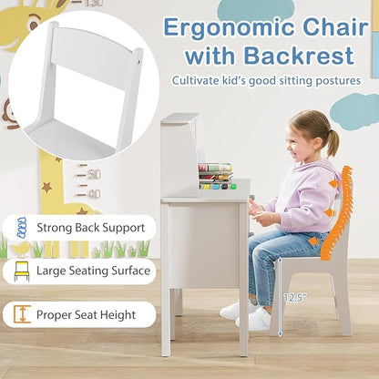 Costzon Kids Desk and Chair Set, Wooden Children Study Desk w/Hutch, Large Cabinet and Drawer for Home School Writing, Reading & Drawing, Computer Workstation Student Table and Chair for 3+ (White)