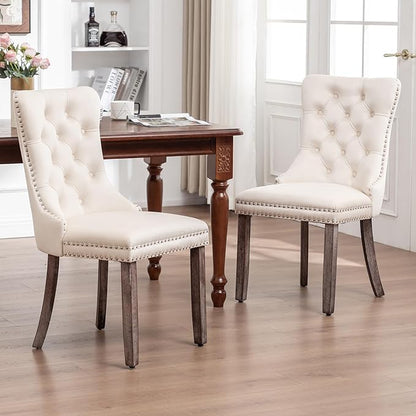 Velvet Dining Chairs Set of 4, Upholstered Dining Room Chairs with Nailhead Ring Pull Trim, Button Tufted Wing Back Chairs for Dining with Solid Wood Legs for Kitchen Dining Room(Beige)