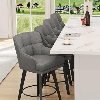 360°Swivel Counter Height Bar Stools with Back, 30 inch Solid Wood Legs, Bar Stool Modern Kitchen Island Chairs, Fabric (Mid-Grey- Fabric, 30" H- Set of 3)