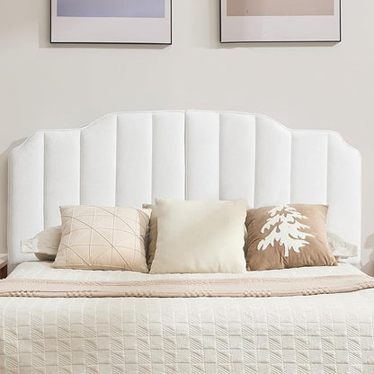 Queen Size Headboard White Upholstered Headboard Adjustable Height&Width Velvet Headboards Modern Vertical Channel Design Bed Head Board, White