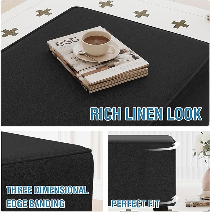H.VERSAILTEX Ottoman Cover Rectangle Fit Length 33"-34" Footrest Linen Look Ottoman Slipcovers Thick Covers Slipcover Rectangle Slipcovers for Ottomans Sturdy Foot Stool Cover - Heather Black