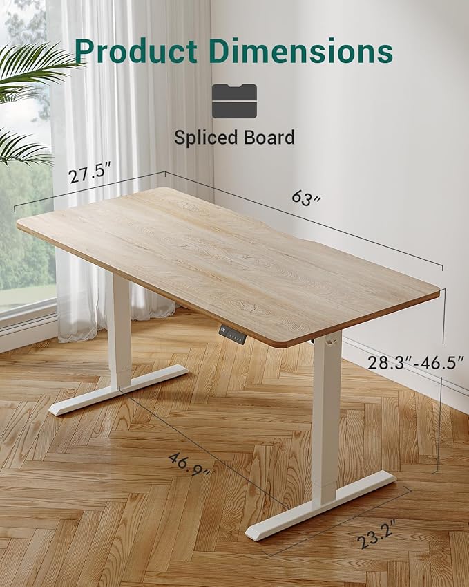 CubiCubi Height Adjustable Electric Standing Desk, 63 x 28 Inches Sit Stand up Desk, Large Memory Computer Home Office Desk with Two-Piece Desktop (Maple)