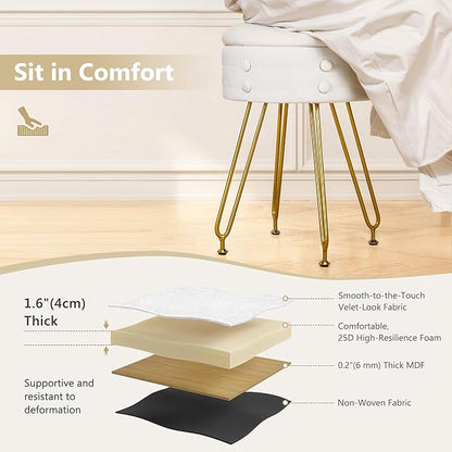 VECELO Round Vevlet Vanity Stool with Storage, 4 Metal Legs Vanity Seat with Anti-Slip Feet, Modern Vanity Chairs Footrest Furry Padded Seat, Space Saving, Easy to Clean for Makeup, Bedroom, White