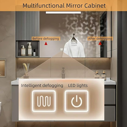 56IN Suspended Bathroom Cabinet Combo Set - Fully Functional LED Mirror with Smart Defogging & Time Display | Bathroom Vanity with Sink,Side Cabinet Storage Compartment (Style A)