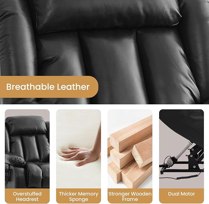 TEKAMON Power Lift Recliner Chair for Elderly with Heat & Massage, Dual Motor Breathable Leather Recliner, Lay Flat Sleeping Chairs with Infinite Position, RemoteControl (Black, Extended)