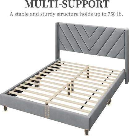 Yaheetech Full Bed Frame Upholstered Platform Bed with Wing Side Tufted Headboard/Sturdy Wooden Slat Support/No Box Spring Needed/Mattress Foundation,Light Gray Full Bed