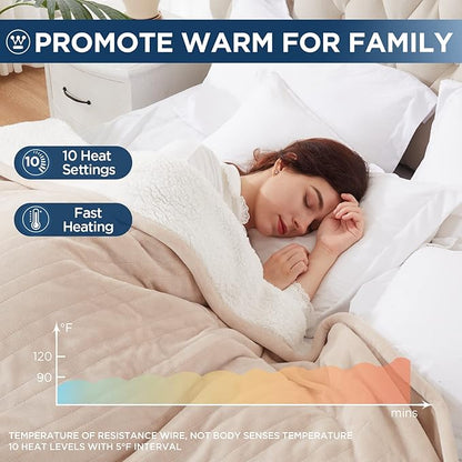 Westinghouse Electric Blanket Queen, Heated Blanket Queen Size with 10 Heating Levels and 1 to 12 Hours Heating Time Settings, Flannel to Sherpa Reversible, Machine Washable (84" x 90", Beige)