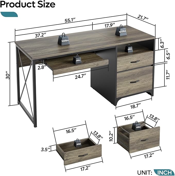 Bestier Office Desk with Drawers, 55 inch Industrial Computer Desk with Storage, Wood Teacher Desk with Keyboard Tray & File Drawer for Home Office, Dark Gray Oak