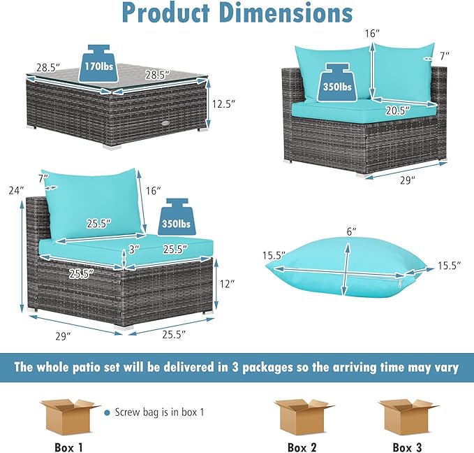 Tangkula 7 Pieces Patio Furniture Set, Patiojoy All-Weather Outdoor Rattan Sectional Sofa Set with Cushions and Tempered Glass Coffee Table, for Garden, Lawn, Backyard (Turquoise)