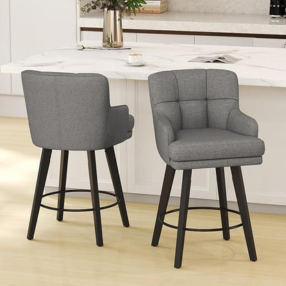 360°Swivel Counter Height Bar Stools with Back, 26 inch Solid Wood Legs, Bar Stool Modern Kitchen Island Chairs, Fabric (Mid-Grey- Fabric, 26" H- Set of 1)