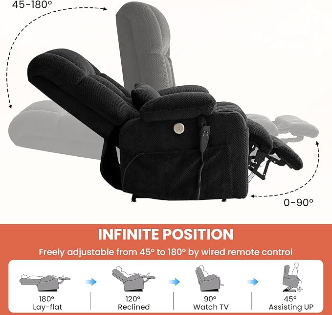 Power Lift Recliner Chair for Adults Oversized Infinite Position Lift Chair for Elderly W/Massage & Heat, Lay Flat Recliner, One-Touch Reset, Cup Holders, Lumbar Pillow, Fabric (Premium, Dark Grey)