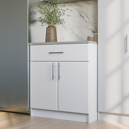 Prepac Elite 36" Tall Storage Cabinet with Doors and Shelves, Multipurpose Garage Cabinet with Large Drawer and Adjustable Shelf, Open Back Storage Furniture for Kitchen, Laundry Room, Garage, White