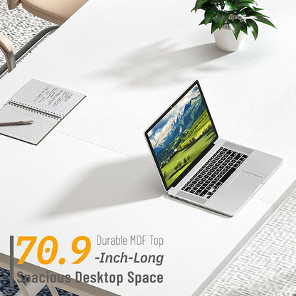 FOLUBAN 70.9" Modern Computer Desk with Z-Shaped Legs, Industrial Executive Home Office Desk for 2 Person, Large Writing Study Table for Bedroom, Gaming Workstation, White