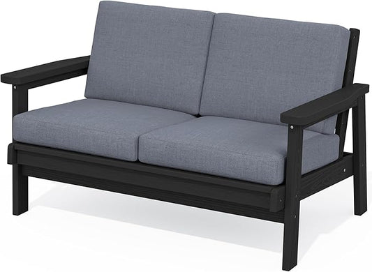 SERWALL HDPE Outdoor Patio Loveseat, Black Frame and Grey Cushion