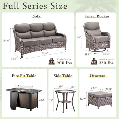 Luxury High Back Outdoor Furniture with 6-inch Extra Thick Cushions, Patio Furniture Set with Fire Pit Table & Swivel Chairs, 9 PCS Wicker Conversation Set for Yard, Deck, Poolside, Brown/Grey