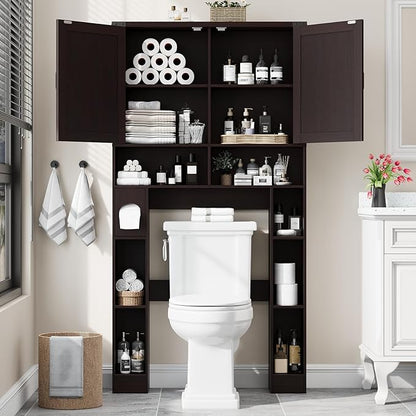 Vabches Over The Toilet Storage Cabinet, Farmhouse Storage Cabinet Over Toilet with 2 Barn Doors ，Toilet Paper Holder Stand，Home Space-Saving Toilet Rack, for Laundry, Restroom, Bathroom(Walnut)