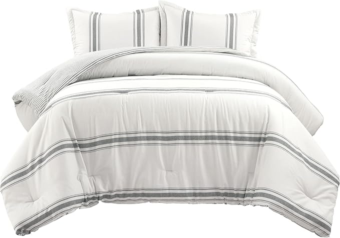 Lush Decor Farmhouse Stripe Reversible Cotton Comforter Set, 3 Piece Set, Full/ Queen, Dark Gray - Cozy Farmhouse Bedding Set - Rustic Decor - Striped Comforter - Modern Farmhouse Bedroom Decor