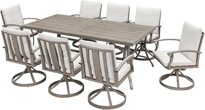 9-Piece Patio Dining Set for 8, Aluminum Outdoor Swivel Dining Set with Cushions, Outdoor Dining Set with Umbrella Hole, Patio Table and Chairs Furniture Sets for Deck, Garden Yard, Limed Oak