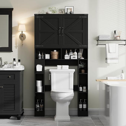 Vabches Over The Toilet Storage Cabinet, Farmhouse Storage Cabinet Over Toilet with 2 Barn Doors ，Toilet Paper Holder Stand，Home Space-Saving Toilet Rack, for Laundry, Restroom, Bathroom.Black.
