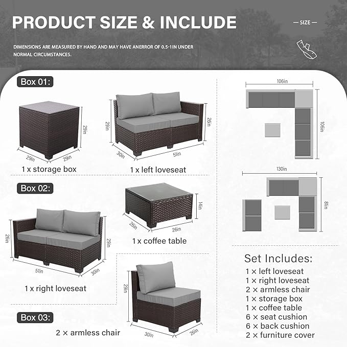 Valita Wicker Patio Furniture 6 Pieces Outdoor Sectional Sofa Patio Conversation Sets Patio Loveseat Outdoor Sofa with Patio Storage Box and Non-Slip Grey Cushions
