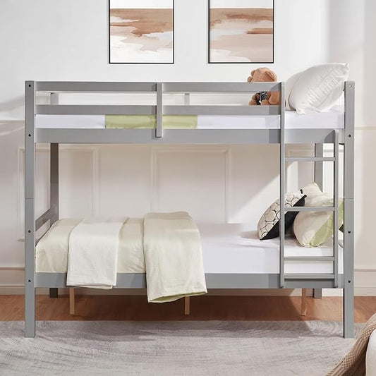 Softa Full Over Full Bunk Bed with Thick Posts,Wooden Bunk Bed with High Guardrail and Ladder for Kids, Teens, Dorm Rooms, and Guest Rooms,No Box Spring Needed, Grey