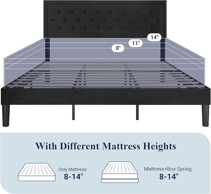Allewie King Size Upholstered Platform Bed Frame with Adjustable Headboard, Button Tufted, Wood Slat Support, Easy Assembly, Black